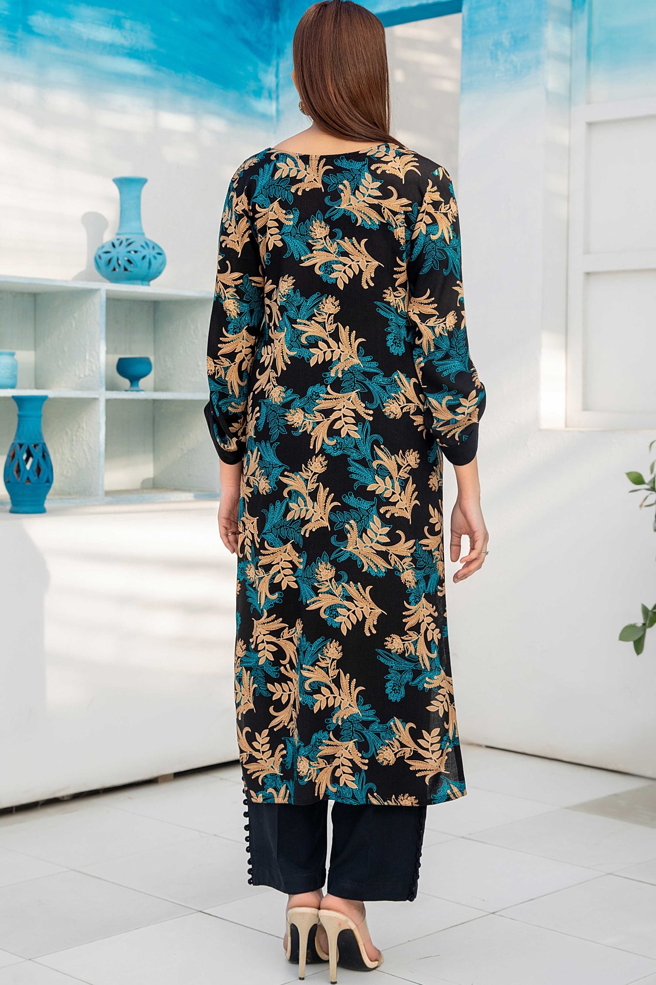 Black Blue Printed Mystique Linen Kurta - Image 2