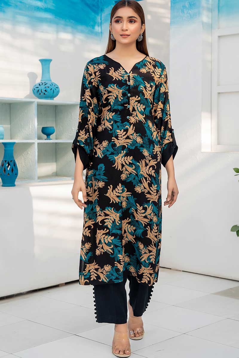 Black Blue Printed Mystique Linen Kurta - Image 6