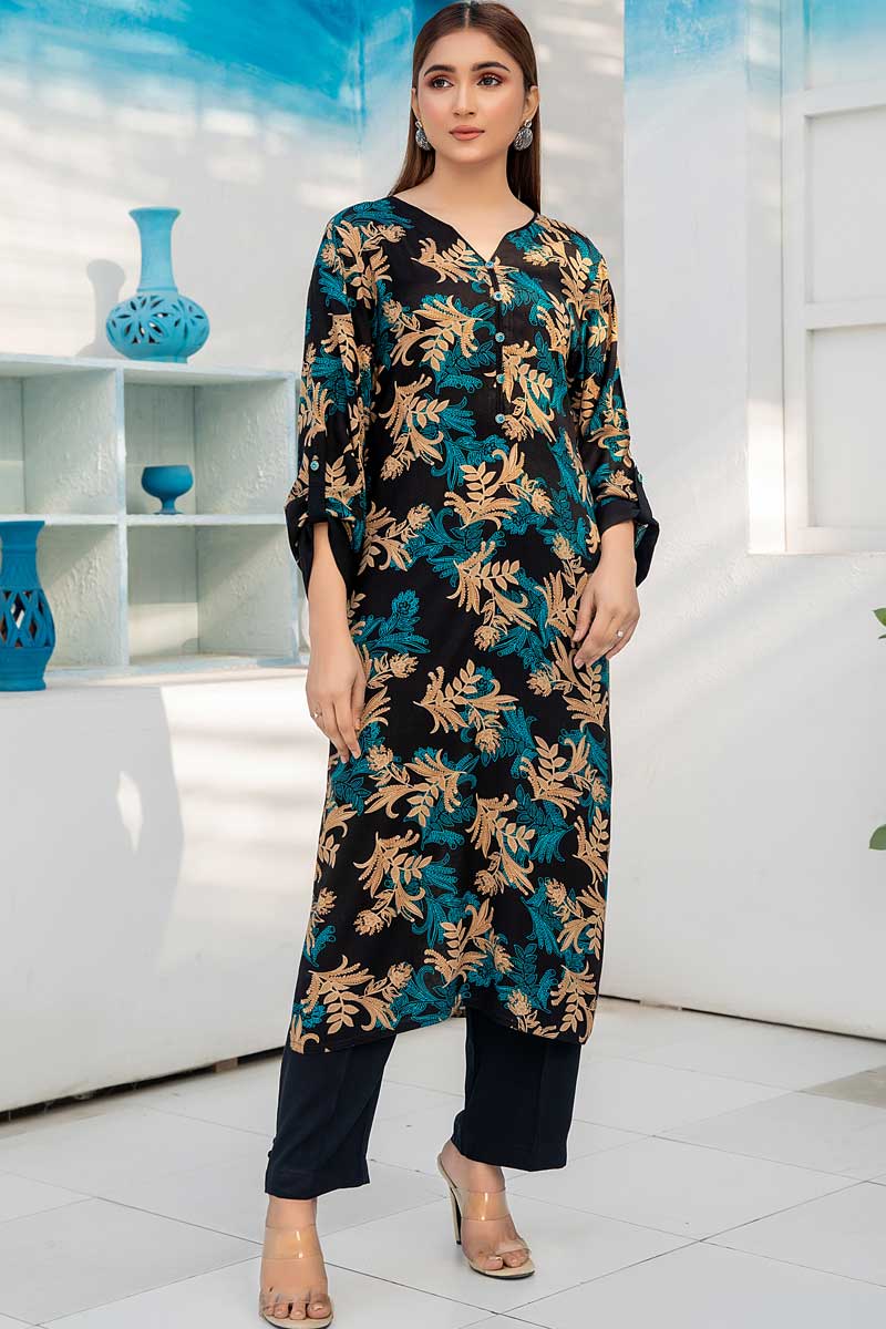 Black Blue Printed Mystique Linen Kurta - Image 5