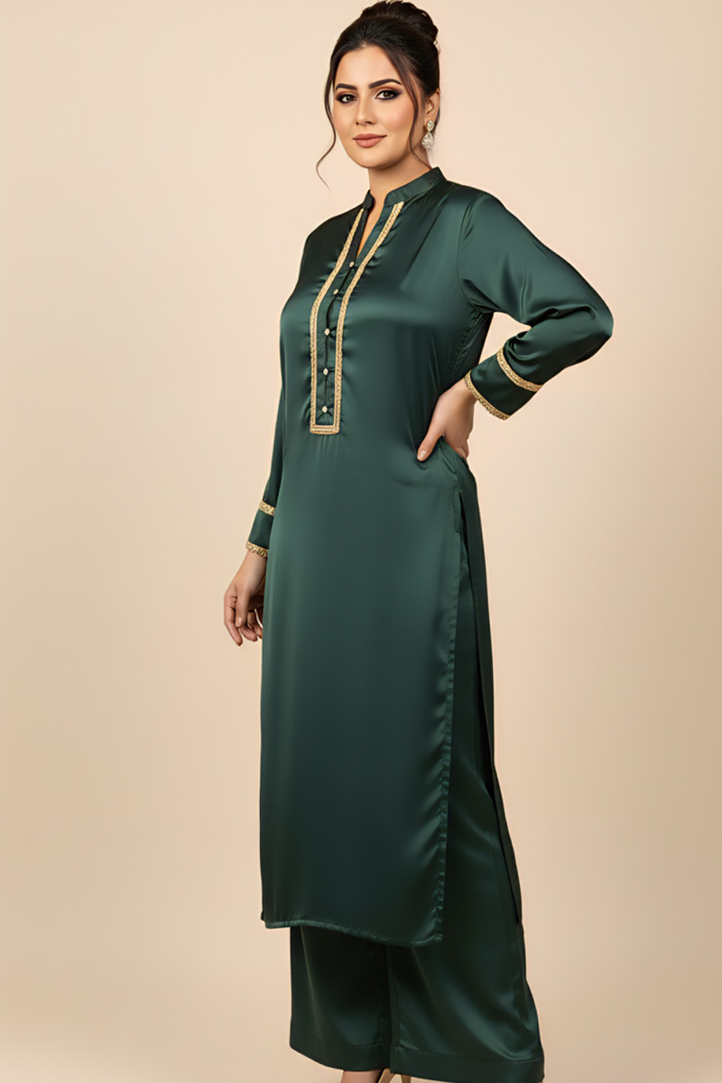 Bottle Green Charmeuse Silk Lacework Adeeba Kurta - Image 14