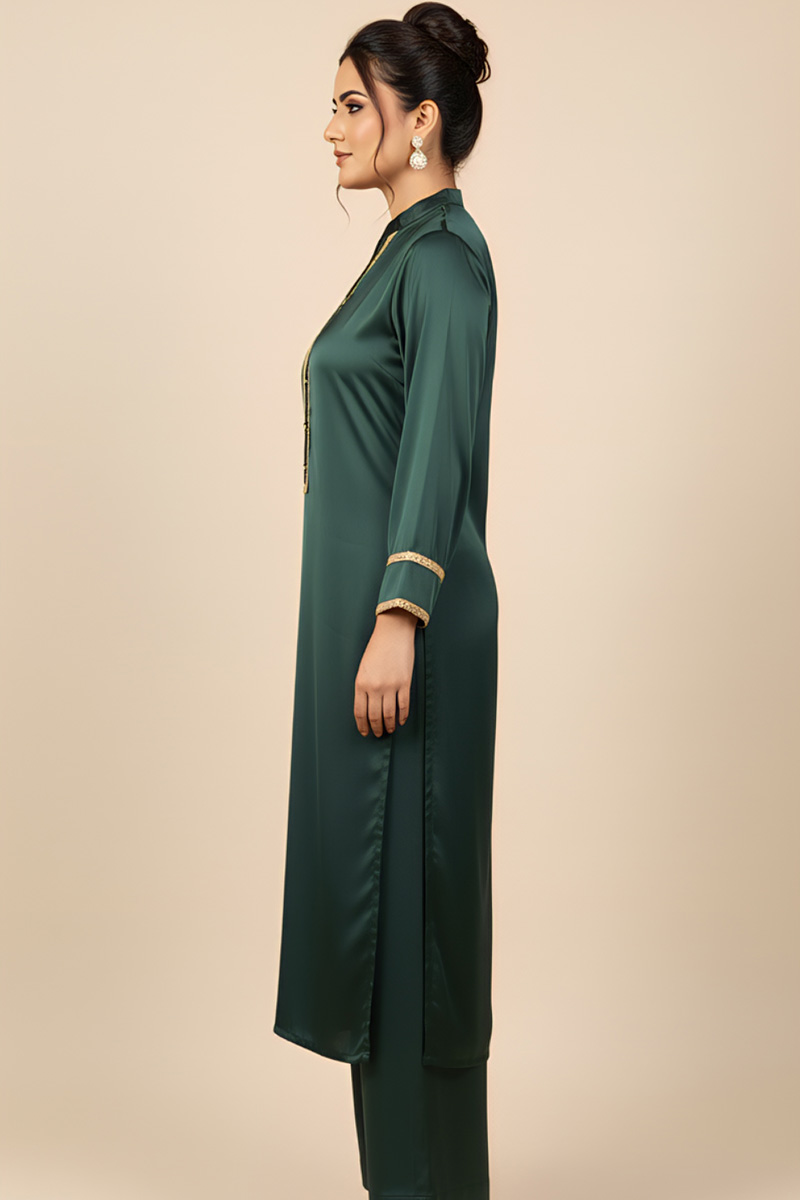 Bottle Green Charmeuse Silk Lacework Adeeba Kurta - Image 15
