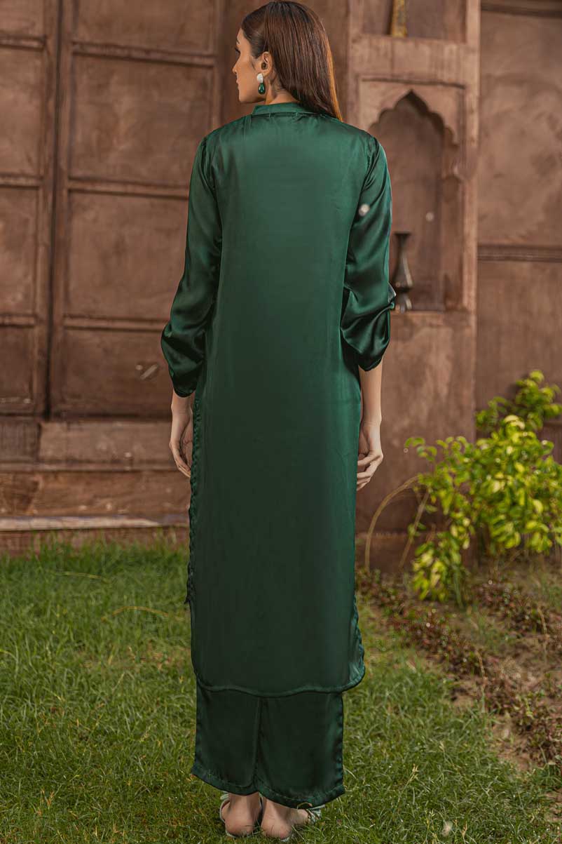 Bottle Green Silk Nightingale Kurta - Image 7