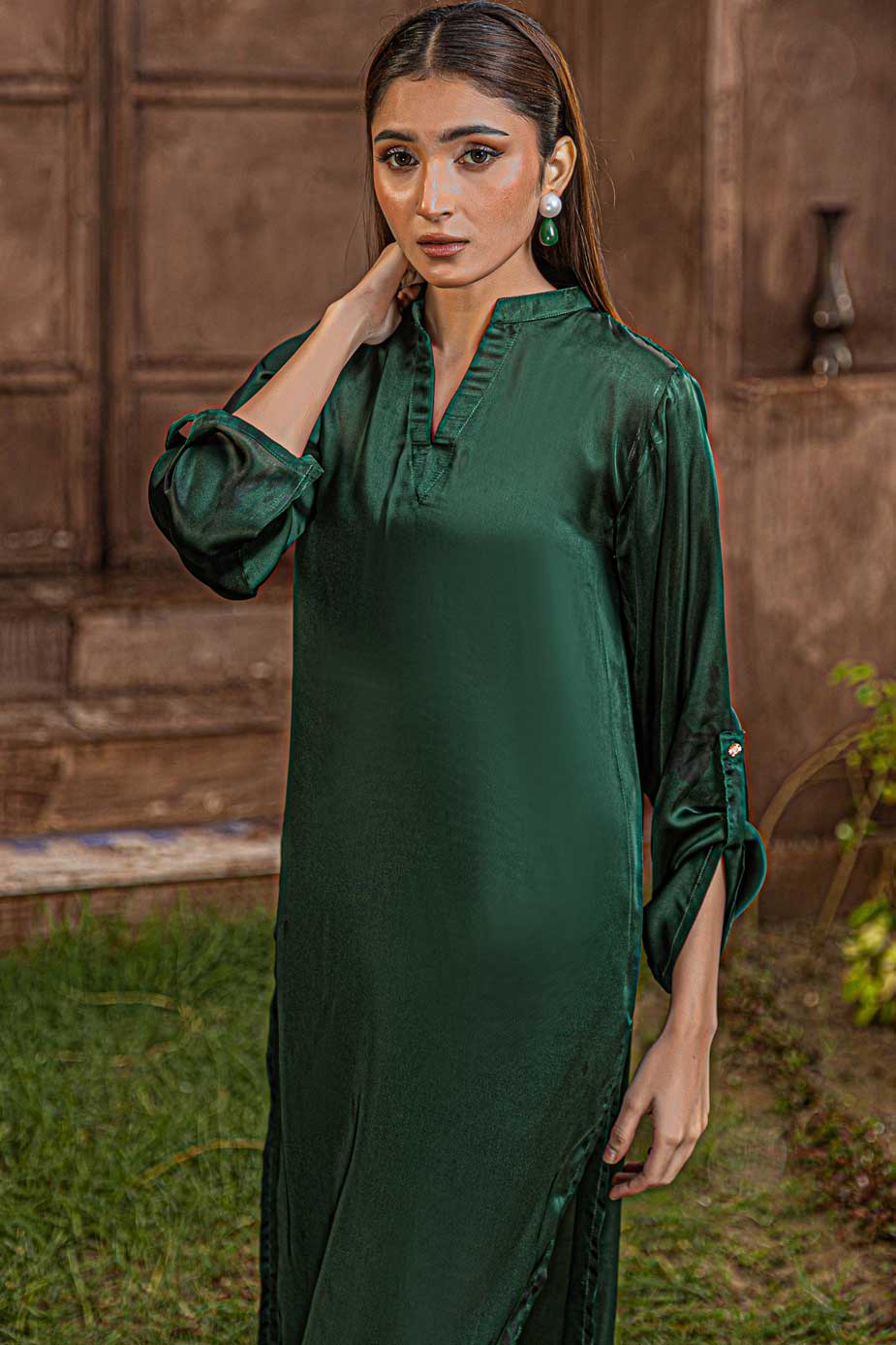 Bottle Green Silk Nightingale Kurta - Image 8