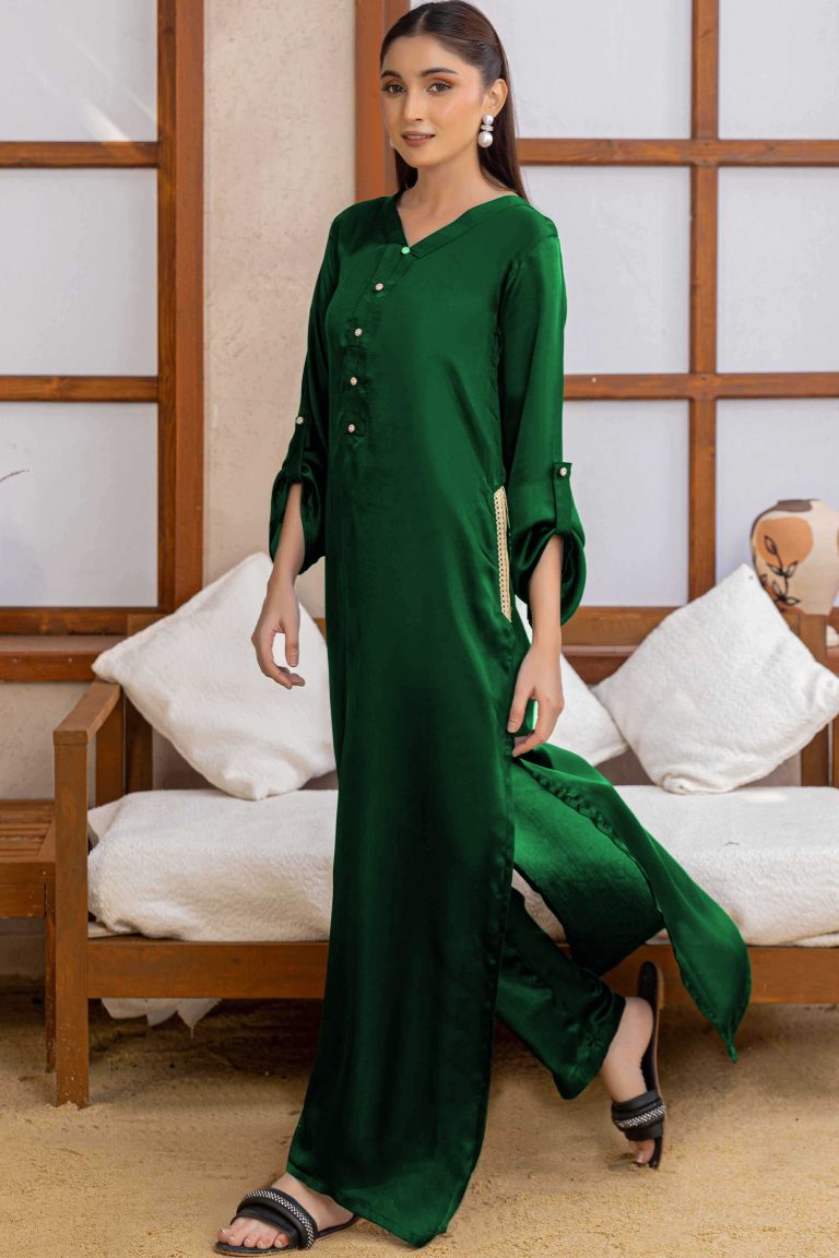 Bottle Green Double Pocket Tharveen Charmeuse Silk Kurta with Lacework