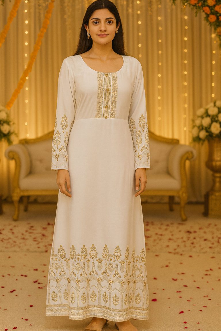 White Shehnaz Gold Pasted Linen Maxi