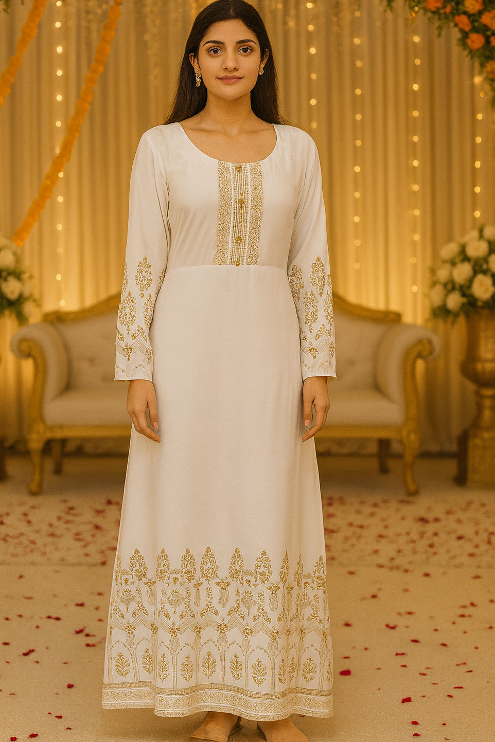 White Shehnaz Gold Pasted Linen Maxi
