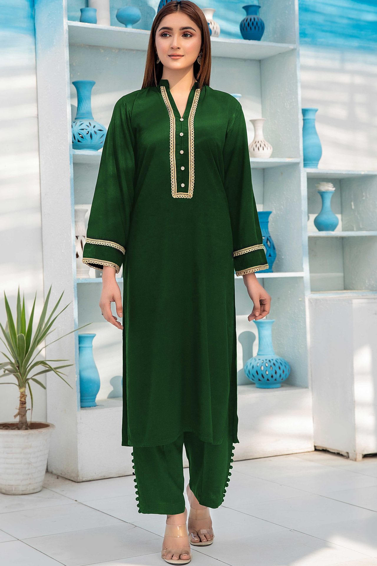 Bottle Green Charmeuse Silk Lacework Adeeba Kurta - Image 2