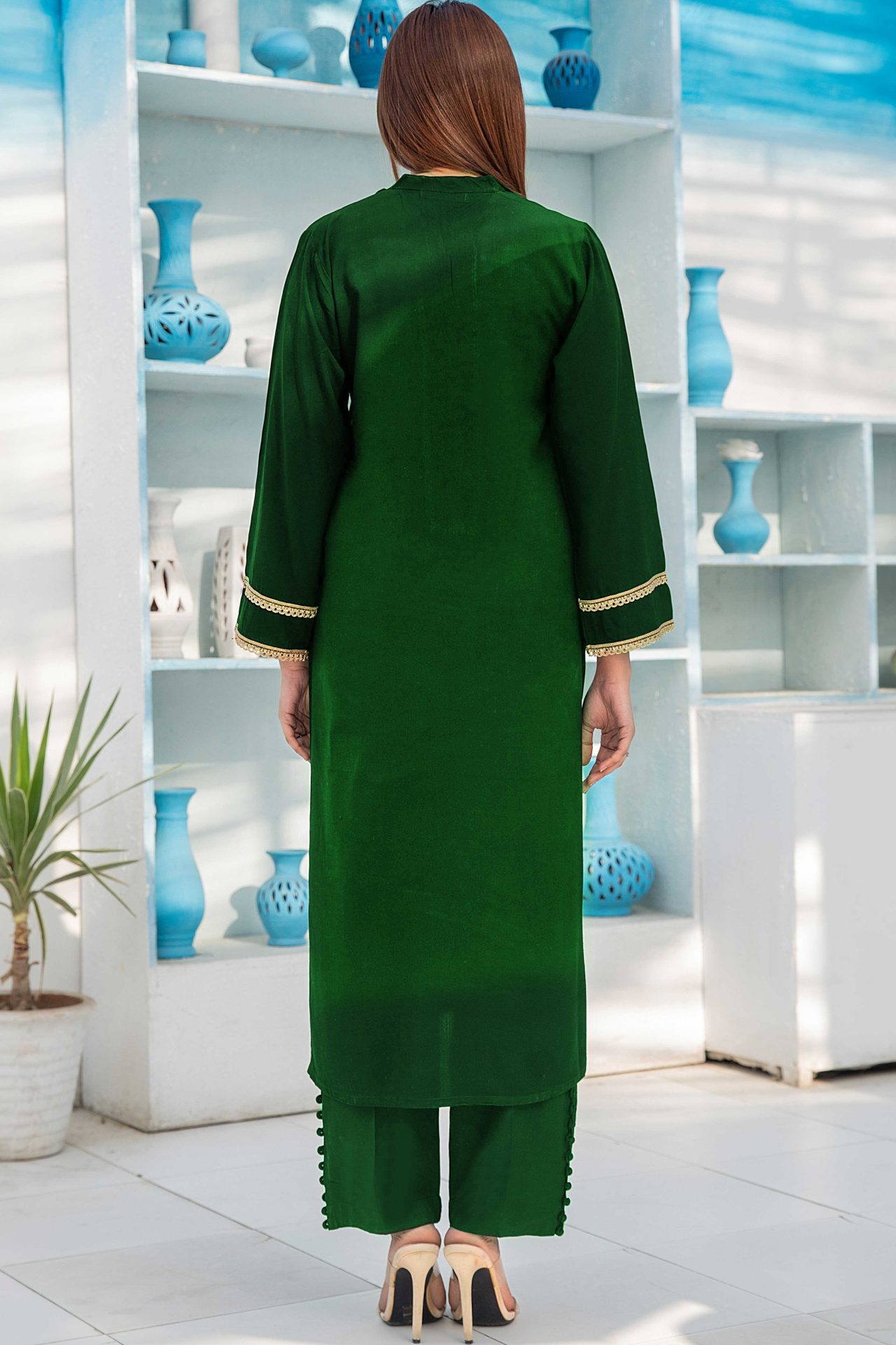 Bottle Green Charmeuse Silk Lacework Adeeba Kurta - Image 3