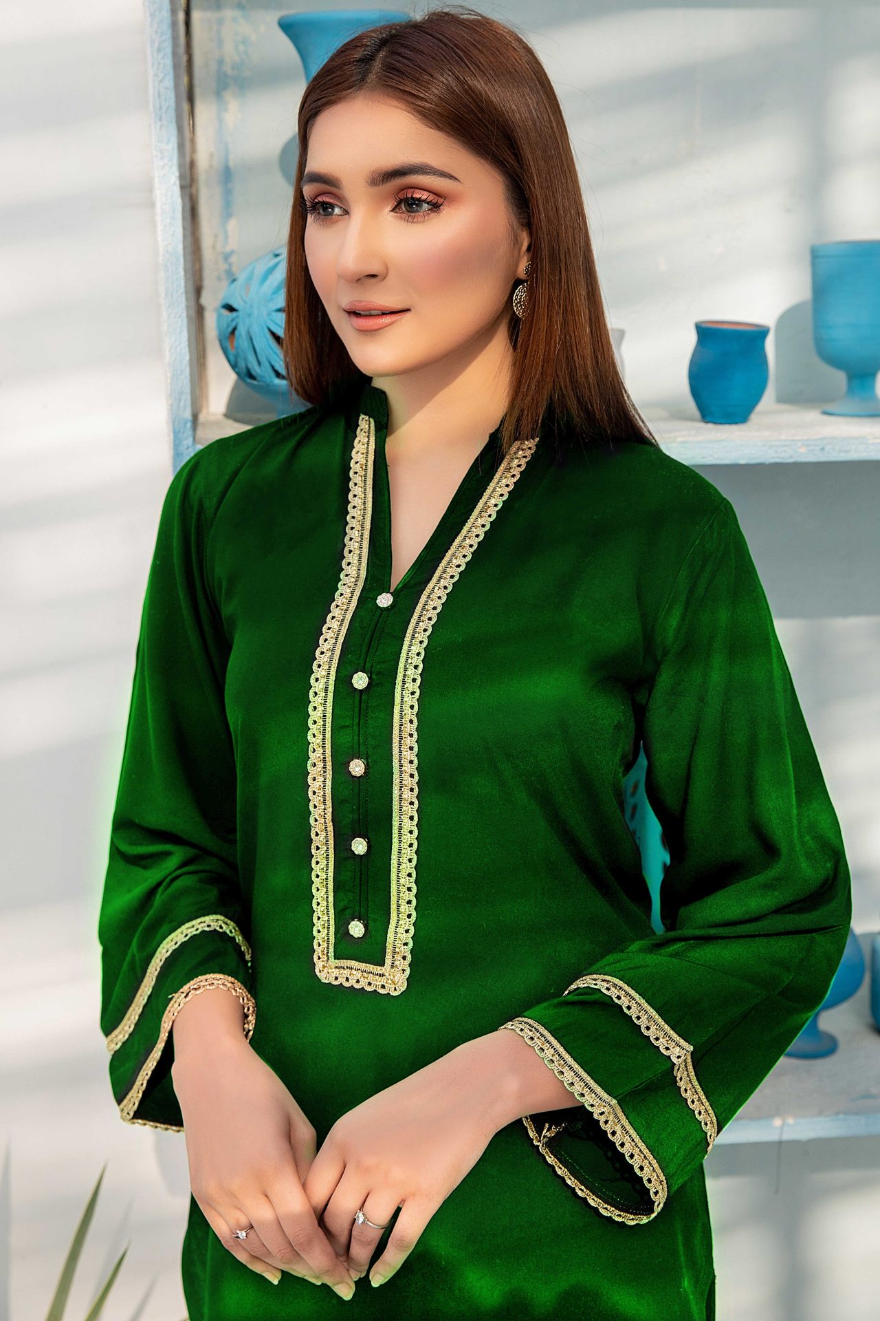 Bottle Green Charmeuse Silk Lacework Adeeba Kurta - Image 6