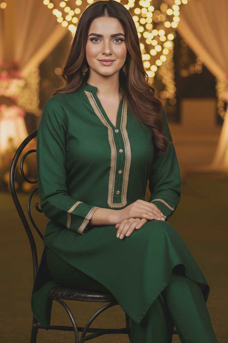 Bottle Green Charmeuse Silk Lacework Adeeba Kurta - Image 7