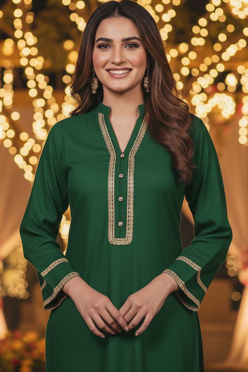 Bottle Green Charmeuse Silk Lacework Adeeba Kurta - Image 10