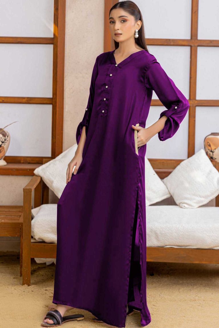 Purple Double Pocket Tharveen Charmeuse Silk Kurta with Lacework