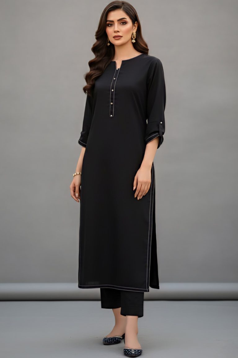 Black Anchor Khaddar Kurta With Pearl Buttons