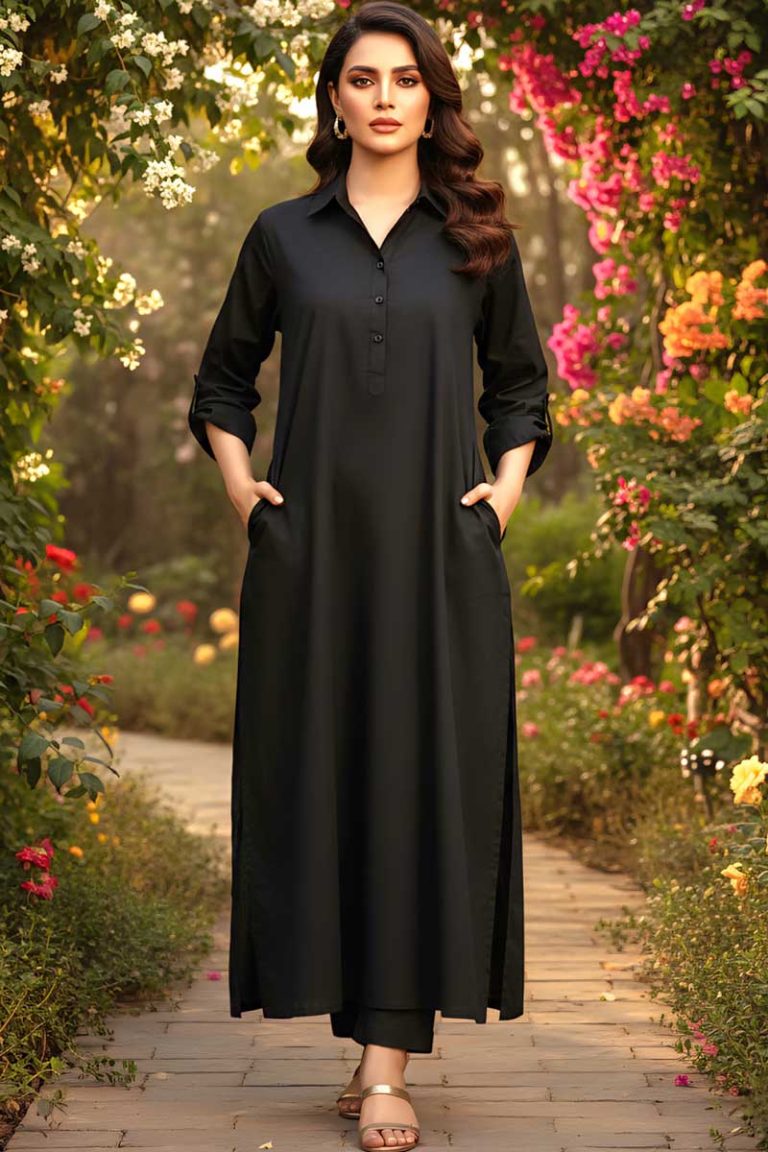 Black Double Pocket Khaddar Kurta