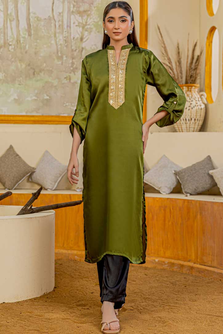 Charmeuse Silk Aiman Mehndi Kurta With Dori & Sequin Embroidery