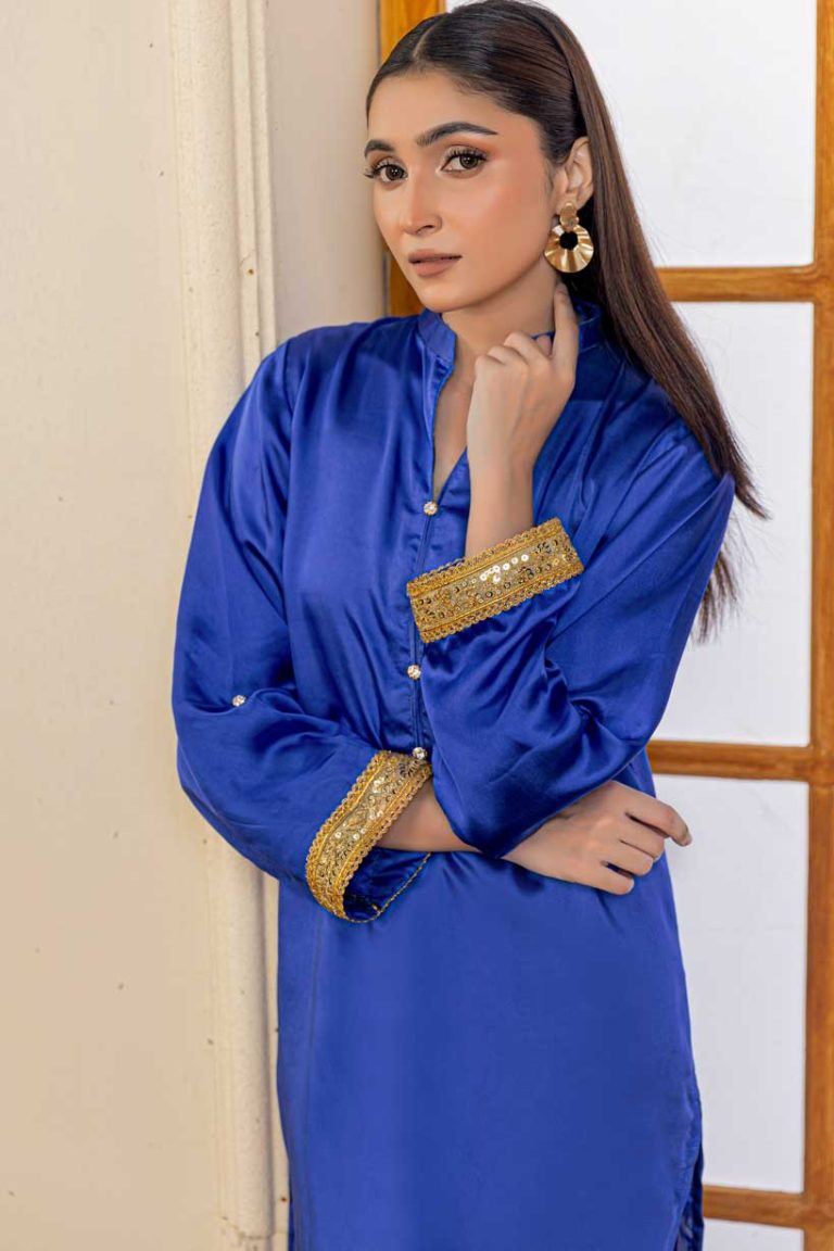 Charmeuse Silk Royal Blue Kurta With Lacework