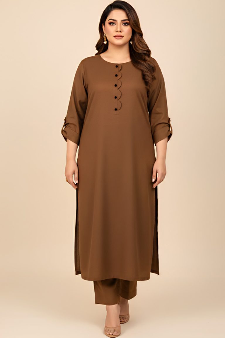 Khaki Winter Rose Khaddar Kurta with Pearl Buttons