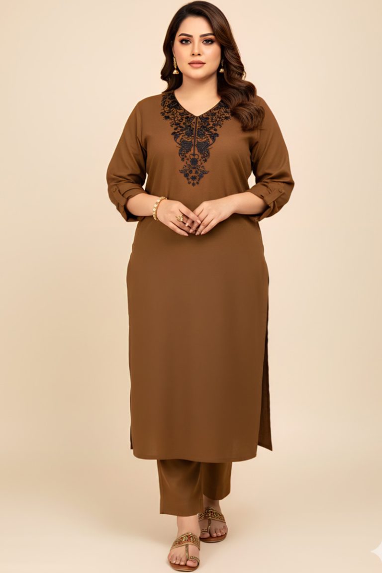 Khaki Mehrunisa Khaddar Kurta with Embroidery
