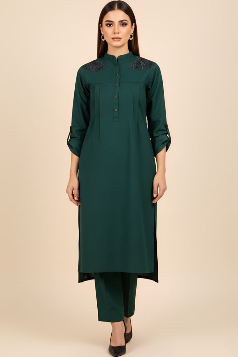 Bottle Green Zarqash Khaddar Kurta with Embroidery