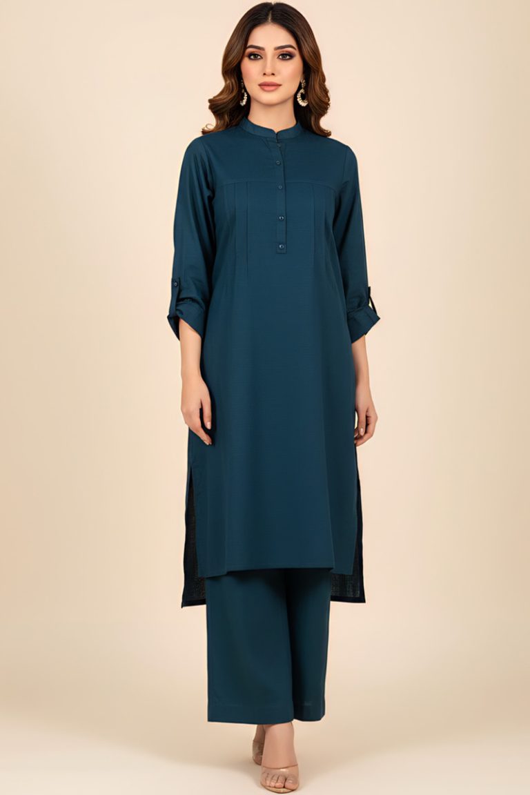 Teal Bahaar Khaddar Pleated Kurta