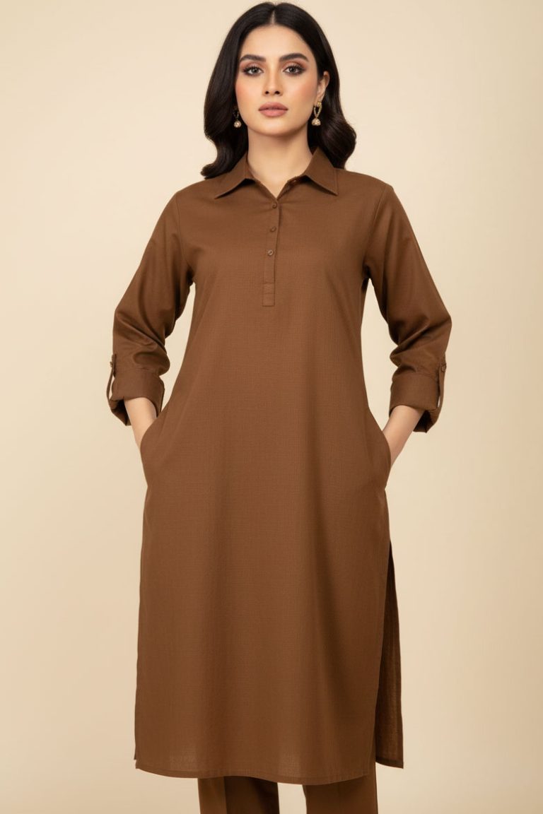 Khaki Zarmina Double Pocket Khaddar Kurta