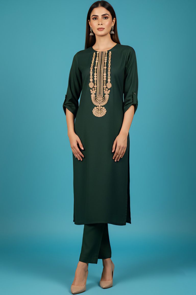 Bottle Green Sandal Kaari Kurta with Golden Embroidery