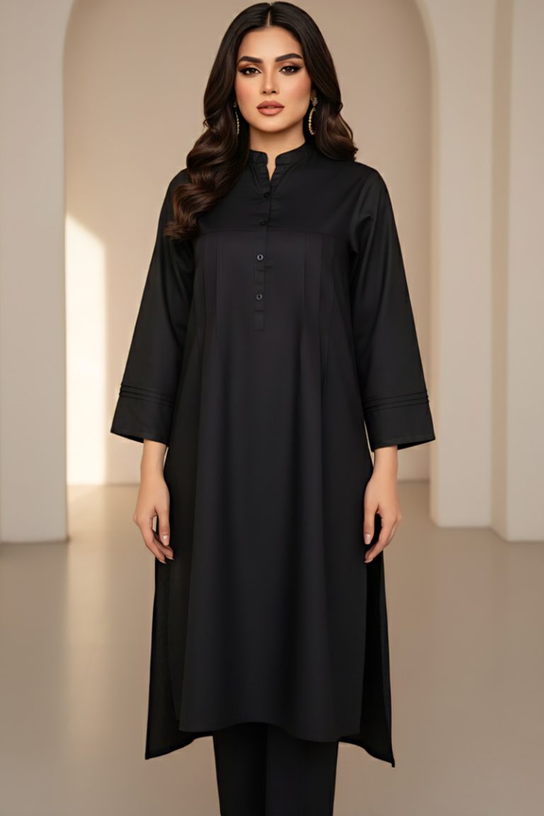 Black Venetian Slate Linen Pleated Kurta