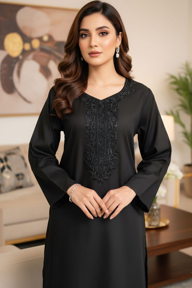 Black Chandni Raat Linen Kurta With Black Embroidery