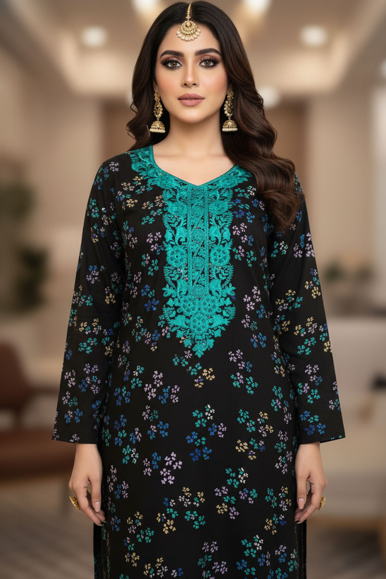 Black Kali Linen Kurta with Green Embroidery