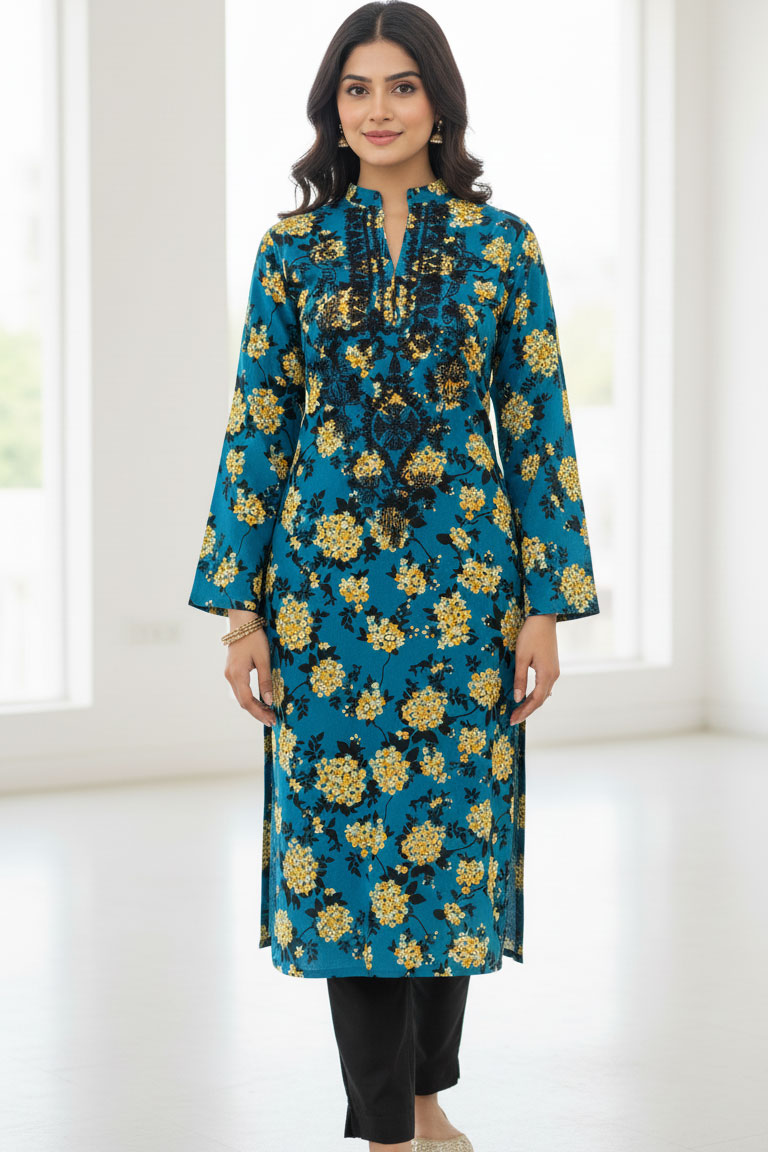 Blue Rimjhim Linen Kurta with Black Embroidery