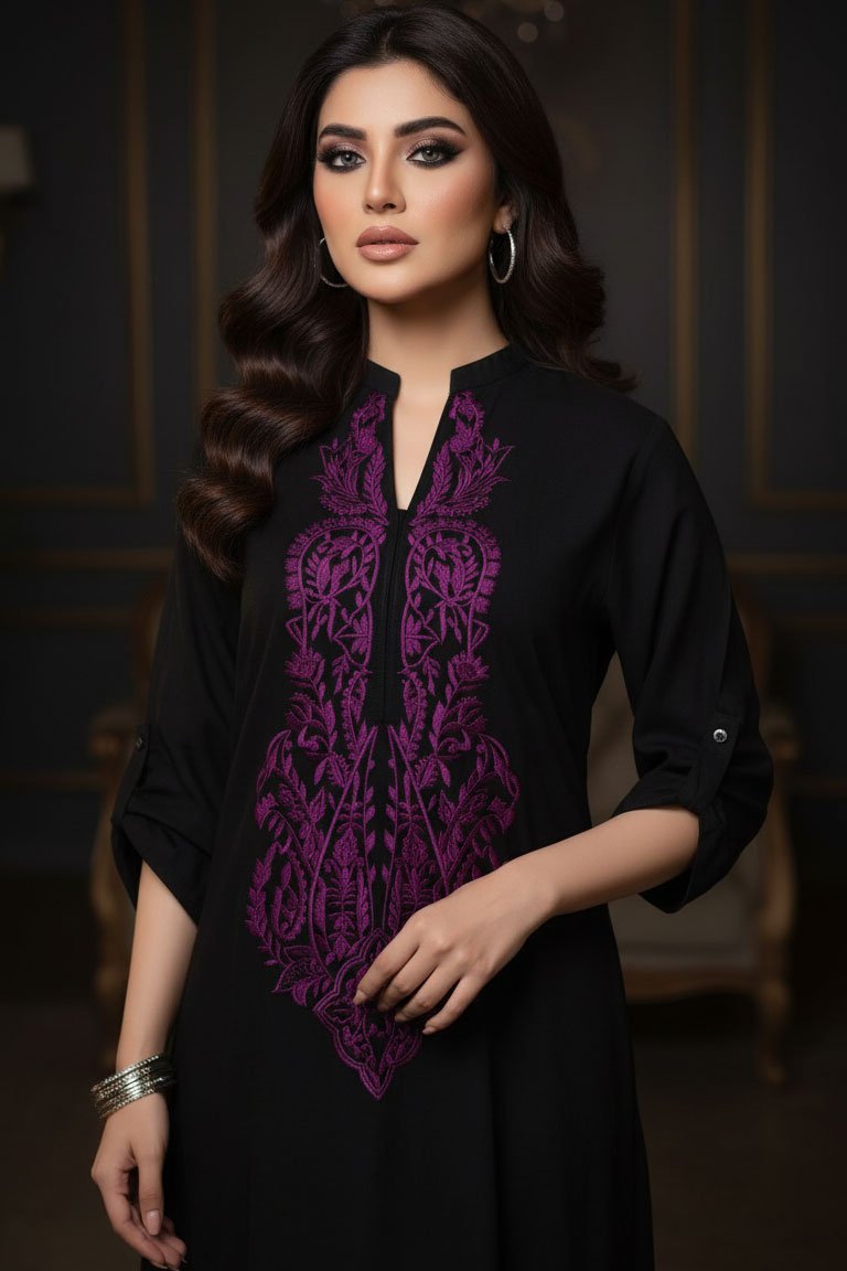 Black Dew Linen Kurta with Purple Embroidery