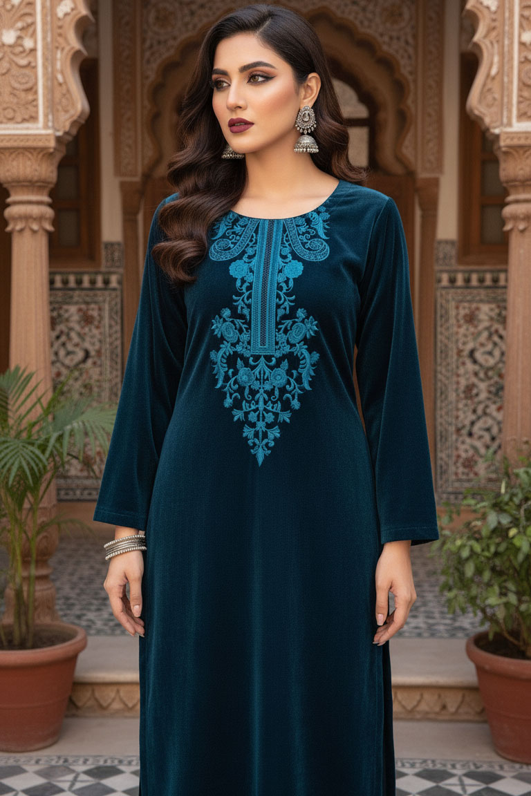 Teal Nighat Ara Velvet Kurta with Trouser and Sky Blue Embroidery