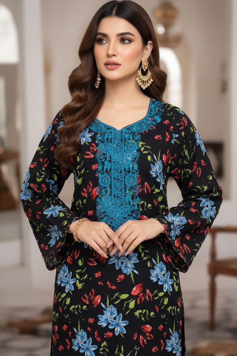 Black Shaam Linen Kurta with Sky Blue Embroidery
