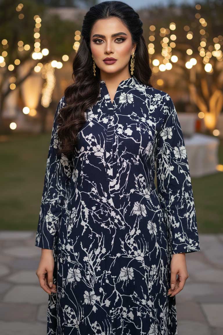 Navy Phool Linen Kurta