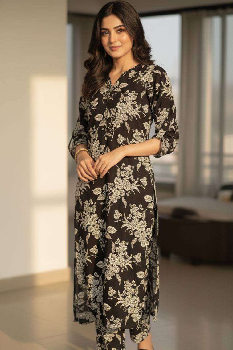 Two Piece: Black Ishq-e-Haqiqi Linen Kurta with Trouser