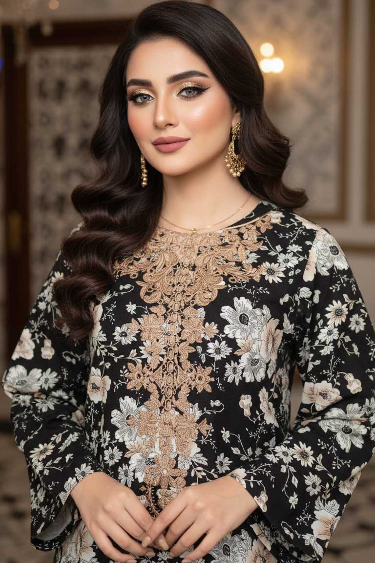 Black Narm Hawa Linen Kurta with Skin Embroidery