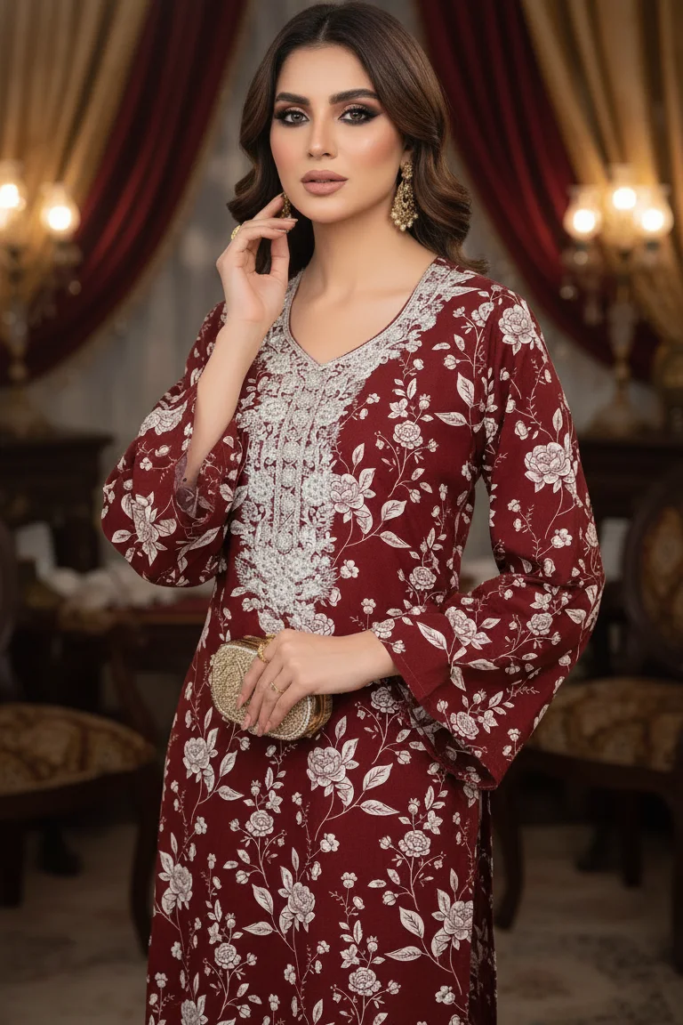 Maroon Nigaah-e-Naz Linen Kurta with Embroidery