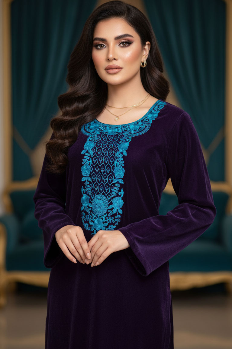 Two Piece: Purple Makhmal Velvet Kurta with Trouser and Sky Blue Embroidery