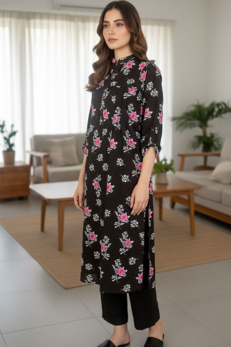 Black Narm Saaya Pleated Linen Kurta