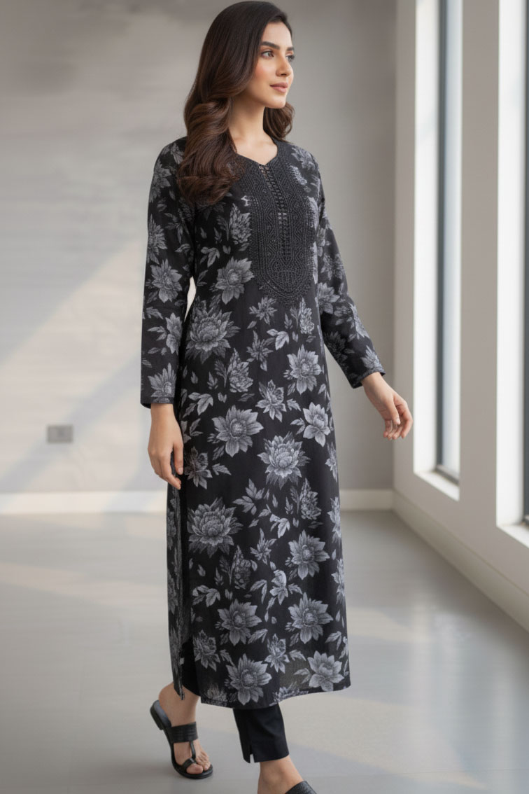 Black Raa'na Kurta with Black Embroidery