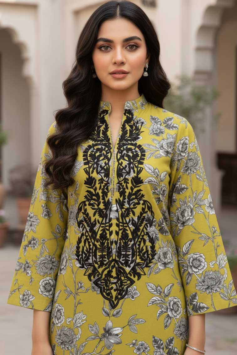 Lime Afsar Linen Kurta with Black Embroidery