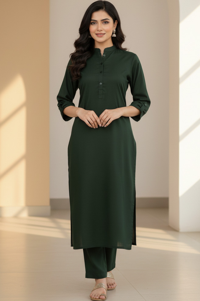 Two Piece: Bottle Green Zimal Easy Care Linen Kurta & Trouser