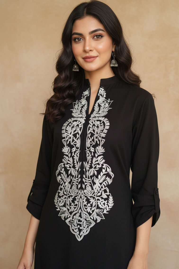 Black Naqsh-e-Nafees Linen Kurta with White Embroidery