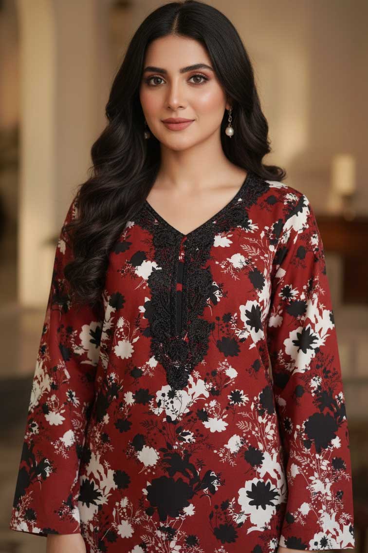 Maroon Shab-e-Naqsh Linen Kurta with Black Embroidery