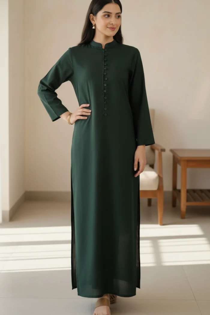 Bottle Green Hira Easy Care Linen Ultra Long Kurta