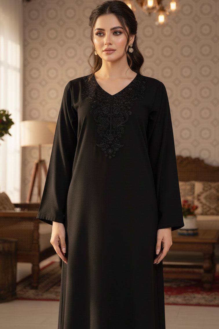 Black Fasana Linen Kurta with Black Embroidery