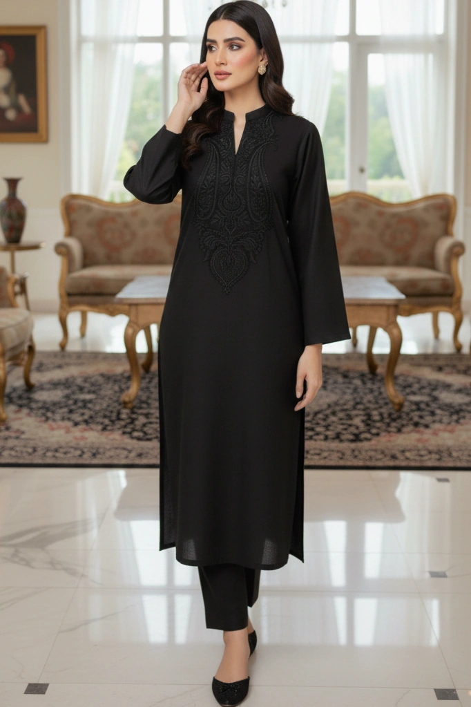 Black Seerat Linen Kurta with Black Embroidery