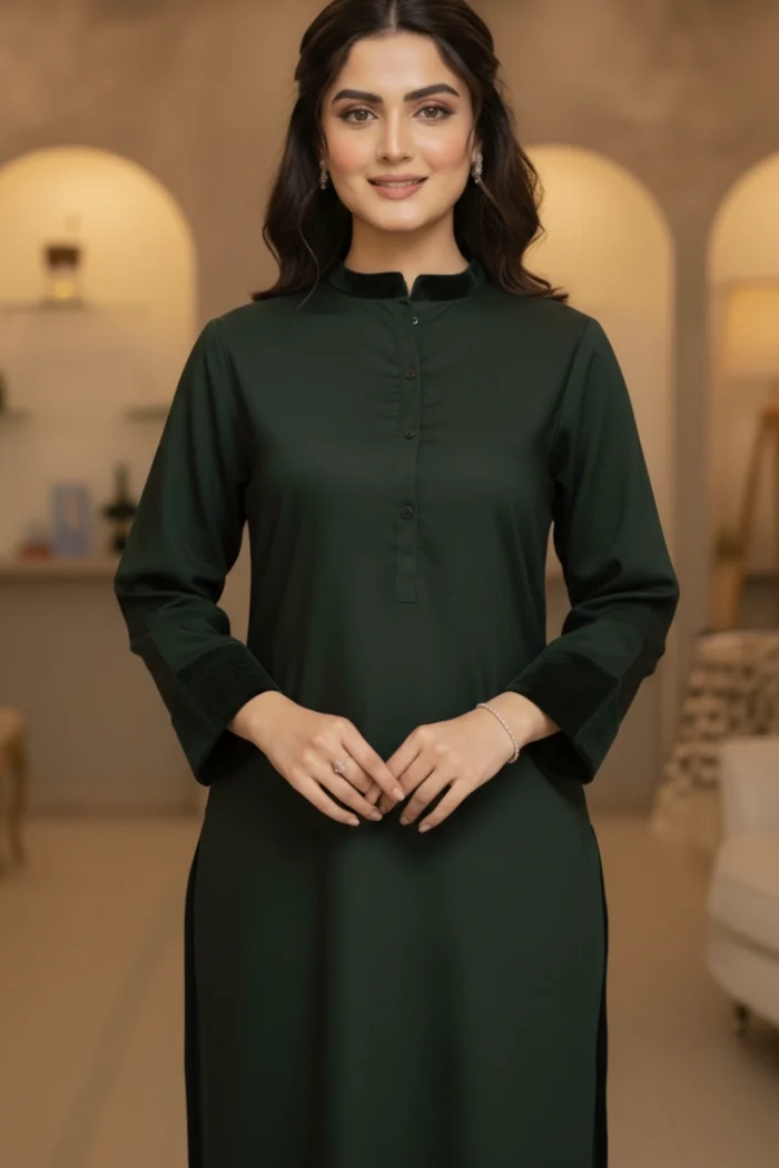 Bottle Green Wazir Easy Care Linen Kurta with Velvet Cuff & Collar