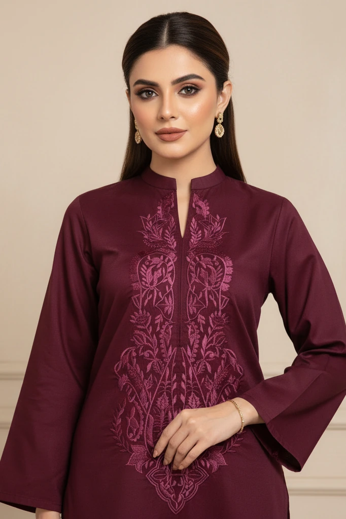 Maroon Aqsa Embroidered Easy Care Linen Kurta