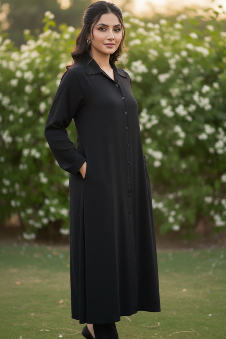 Black Nafasat Linen Shirt with Double Pockets